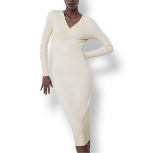 Zara Ivory Knit Long Sleeve V Neck Bodycon Midi Dress Size S